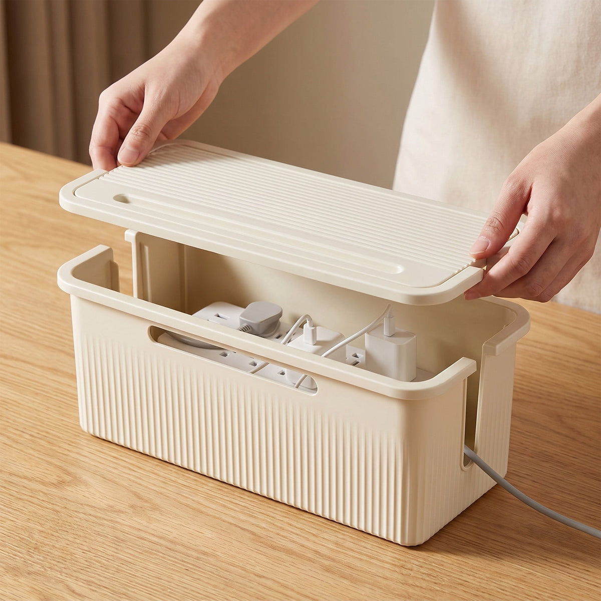 Cable Management Box in White, 9.25 Inch Case to Hide a Power Strip and Cords - Image 6