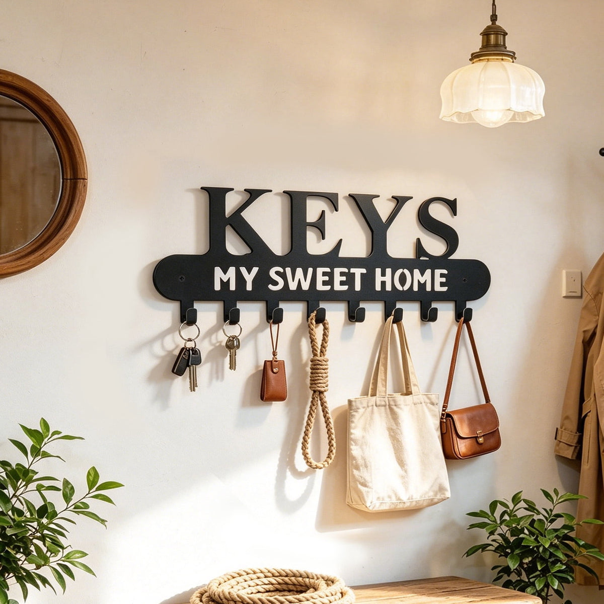 Wall-Mounted Key Rack in Iron, Entryway Hanger with Hooks and Home Cutout - Image 3