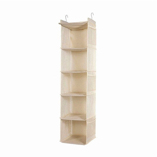 Five-Tier Hanging Closet Organizer, Foldable Shelves with Two Hooks, Off-White