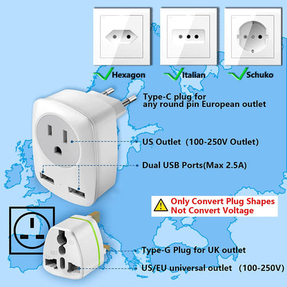 Travel Plug Adapter Set for Europe and the UK, Type C and Type G with USB Ports - Image 2