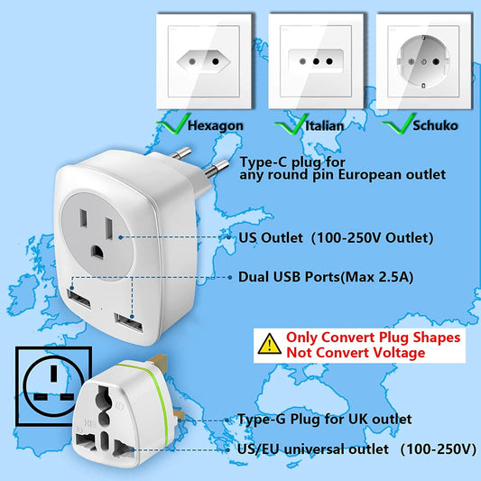 Travel Plug Adapter Set for Europe and the UK, Type C and Type G with USB Ports - Image 2