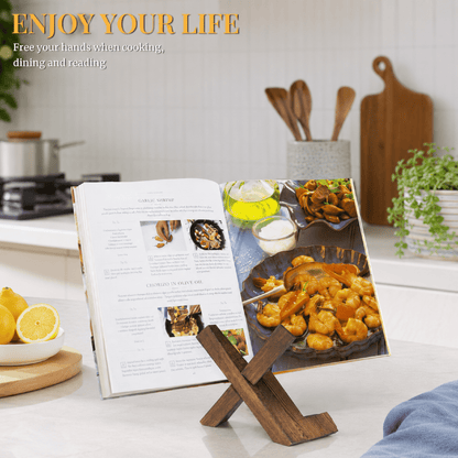 Wooden Cookbook Stand, Rustic Brown Holder for Recipe Books and Tablets - Image 5