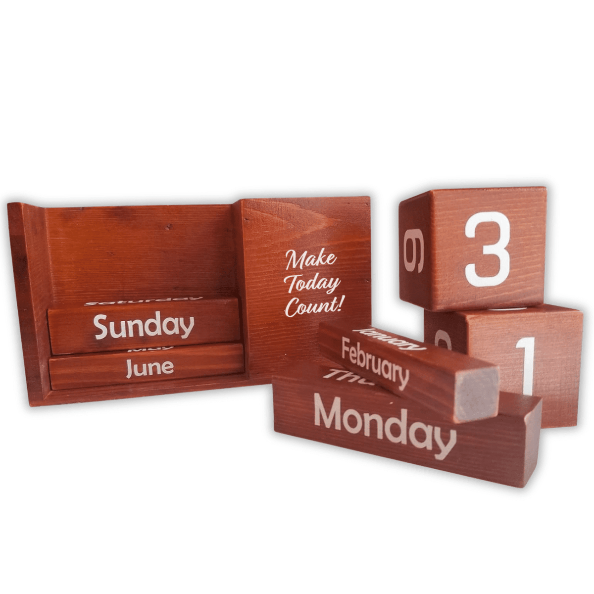 Perpetual Desk Calendar in Solid Pine, Rotating Date Blocks with Pen Slot - Image 6