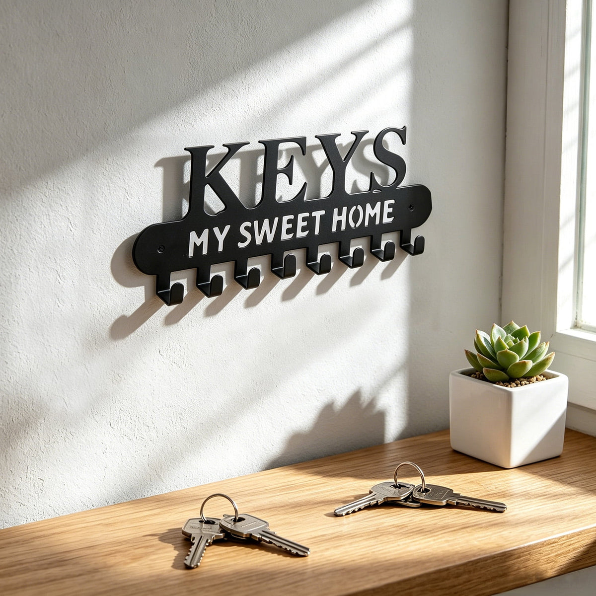 Wall-Mounted Key Rack in Iron, Entryway Hanger with Hooks and Home Cutout - Image 4