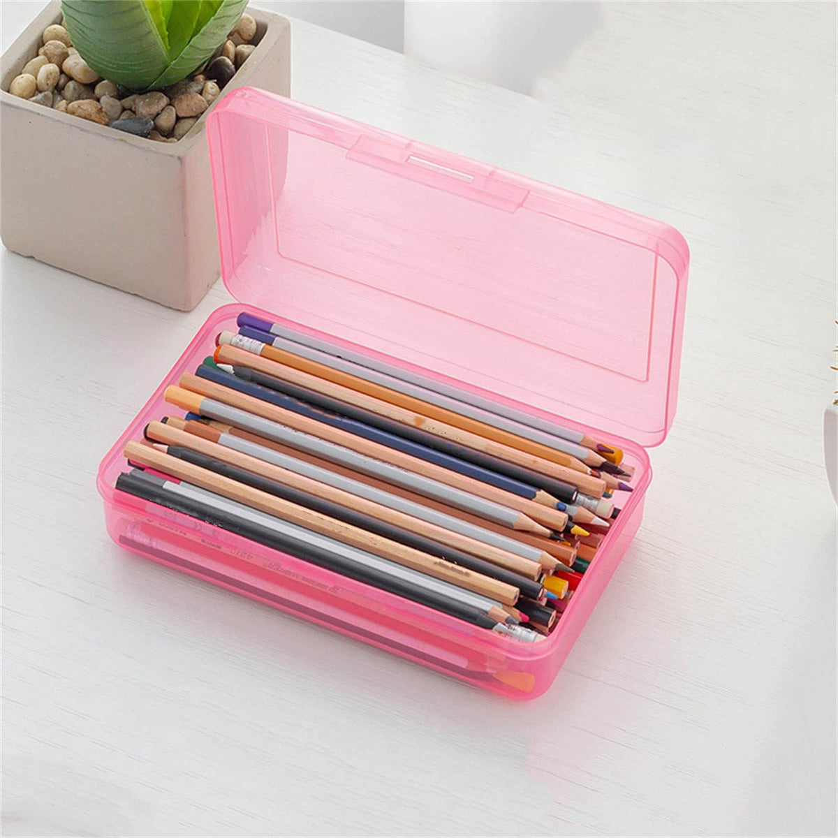 Clear Pencil Box with Snap Lid, Stackable Storage Case, 8.1 by 4.8 Inches - Image 2