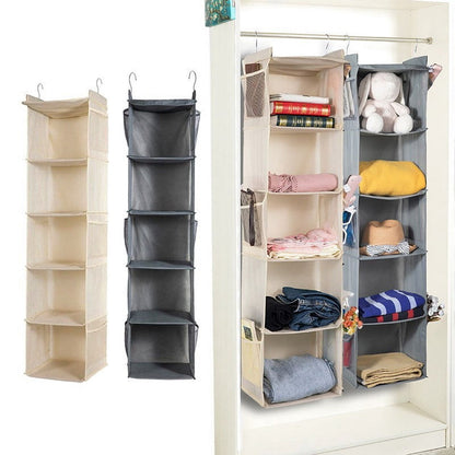 Five-Tier Hanging Closet Organizer, Foldable Shelves with Two Hooks, Off-White - Image 3