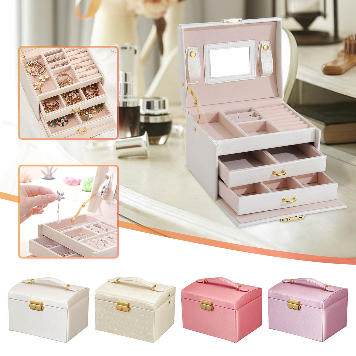 Three-Tier Jewelry Box with Lock, Faux Leather Case with Mirror and Drawers - Image 2