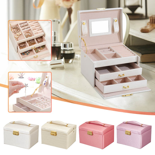 Three-Tier Jewelry Box with Lock, Faux Leather Case with Mirror and Drawers - Image 2