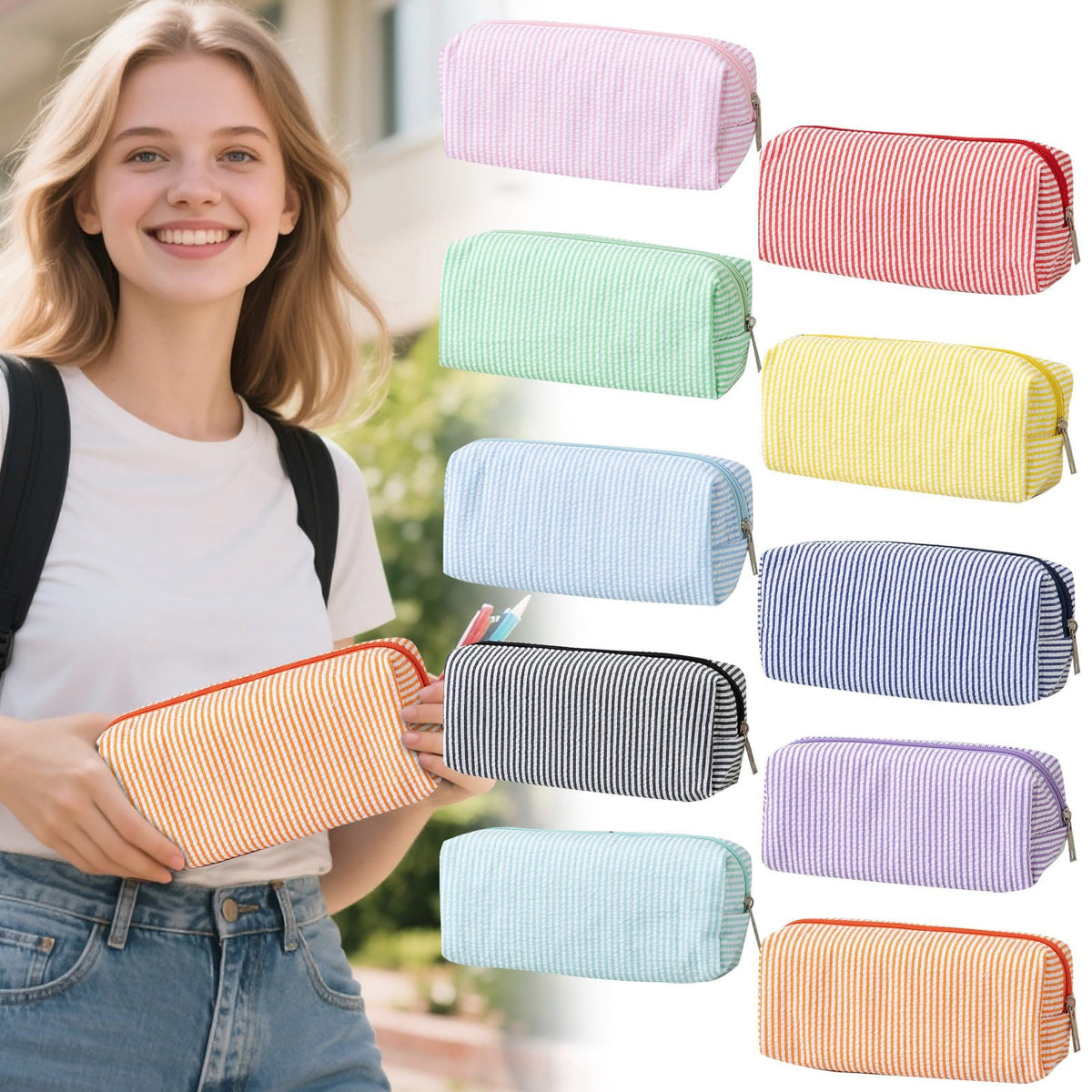 Striped Fabric Pouch with Large Capacity, Pencil Case and Makeup Bag - Image 5