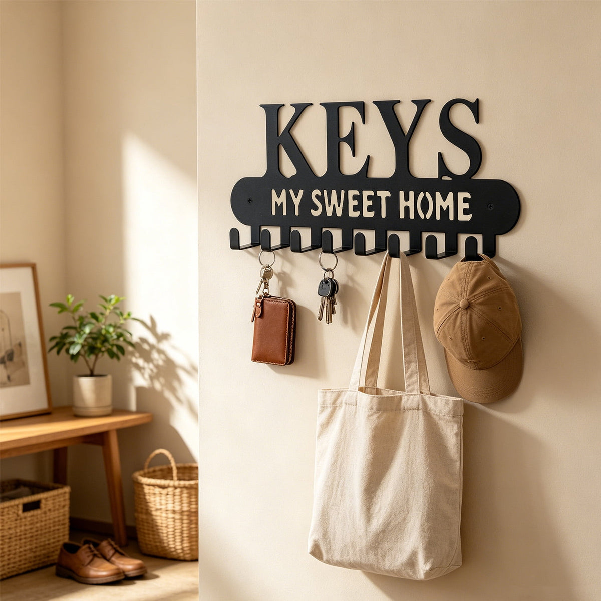 Wall-Mounted Key Rack in Iron, Entryway Hanger with Hooks and Home Cutout - Image 2