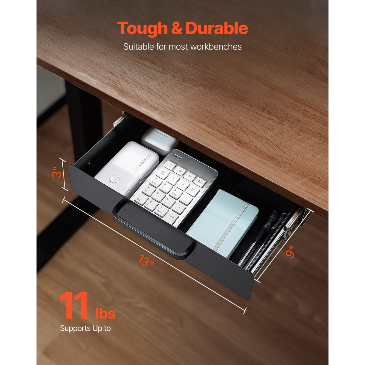 Under-Desk Pull-Out Drawer, 15 by 9 by 3 Inch Steel Tray with Felt Lining - Image 3