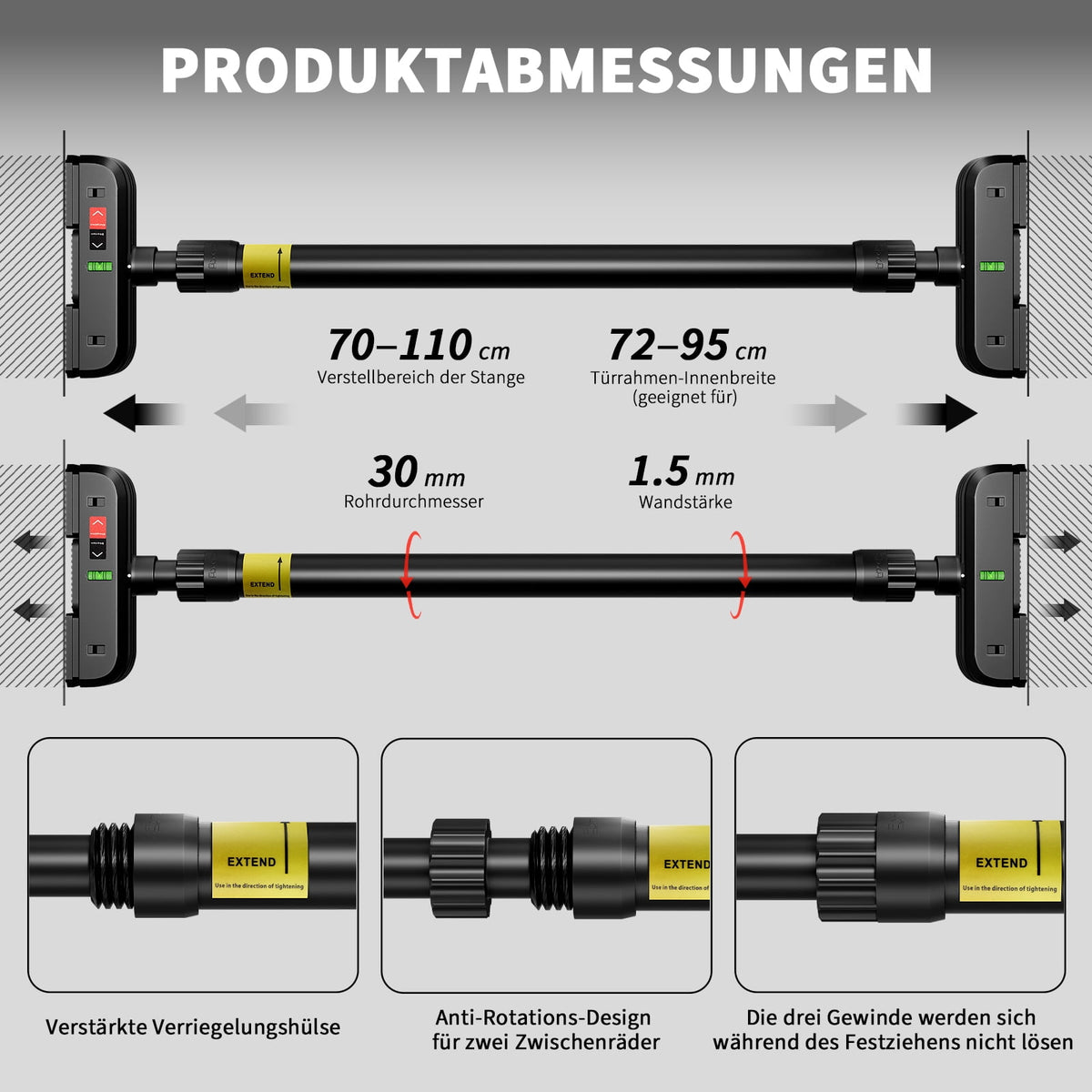 Doorway Pull-Up Bar, No-Drill Fit for 72 to 110 cm Frames, 200 kg Capacity - Image 3