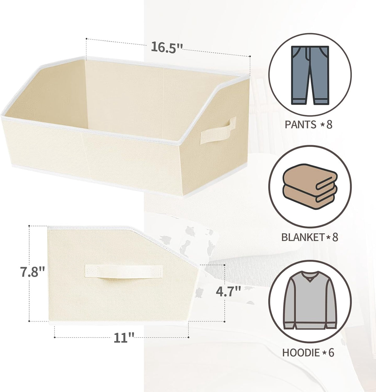 Fabric Closet Bins, 6-Pack of Trapezoid Shelf Organizers with Handles, Beige - Image 2