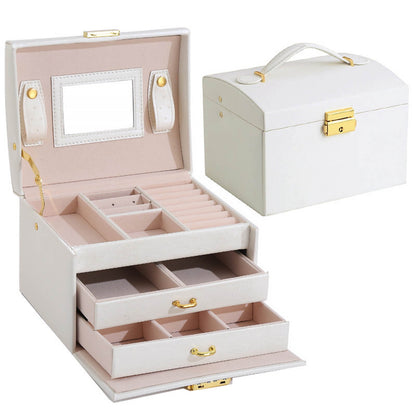 Three-Tier Jewelry Box with Lock, Faux Leather Case with Mirror and Drawers - Image 4