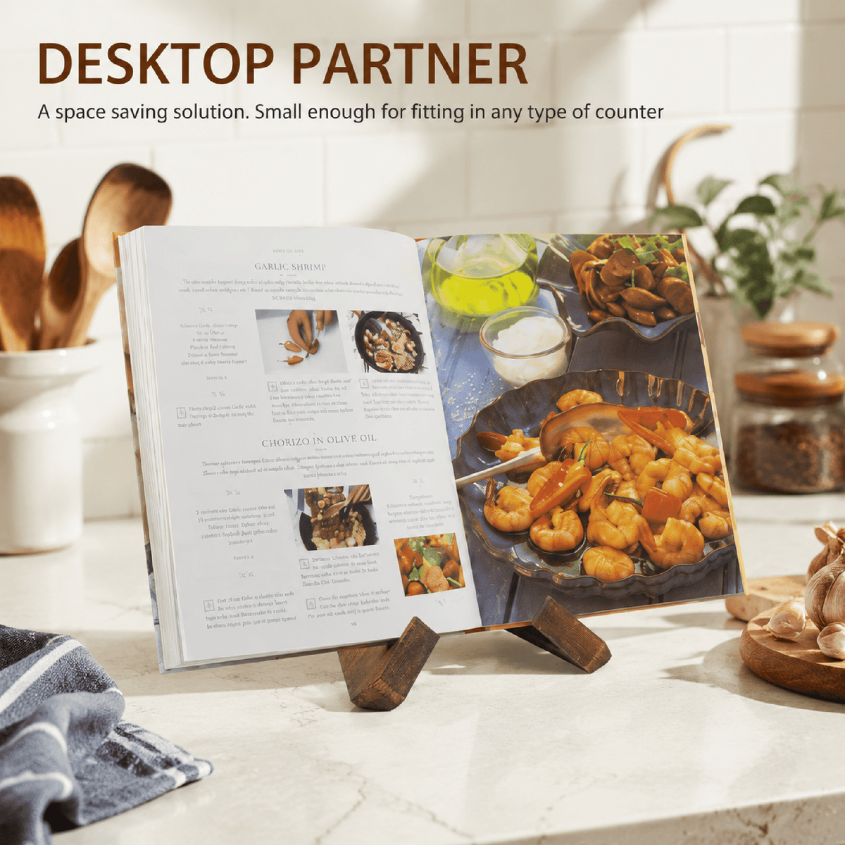 Wooden Cookbook Stand, Rustic Brown Holder for Recipe Books and Tablets - Image 3