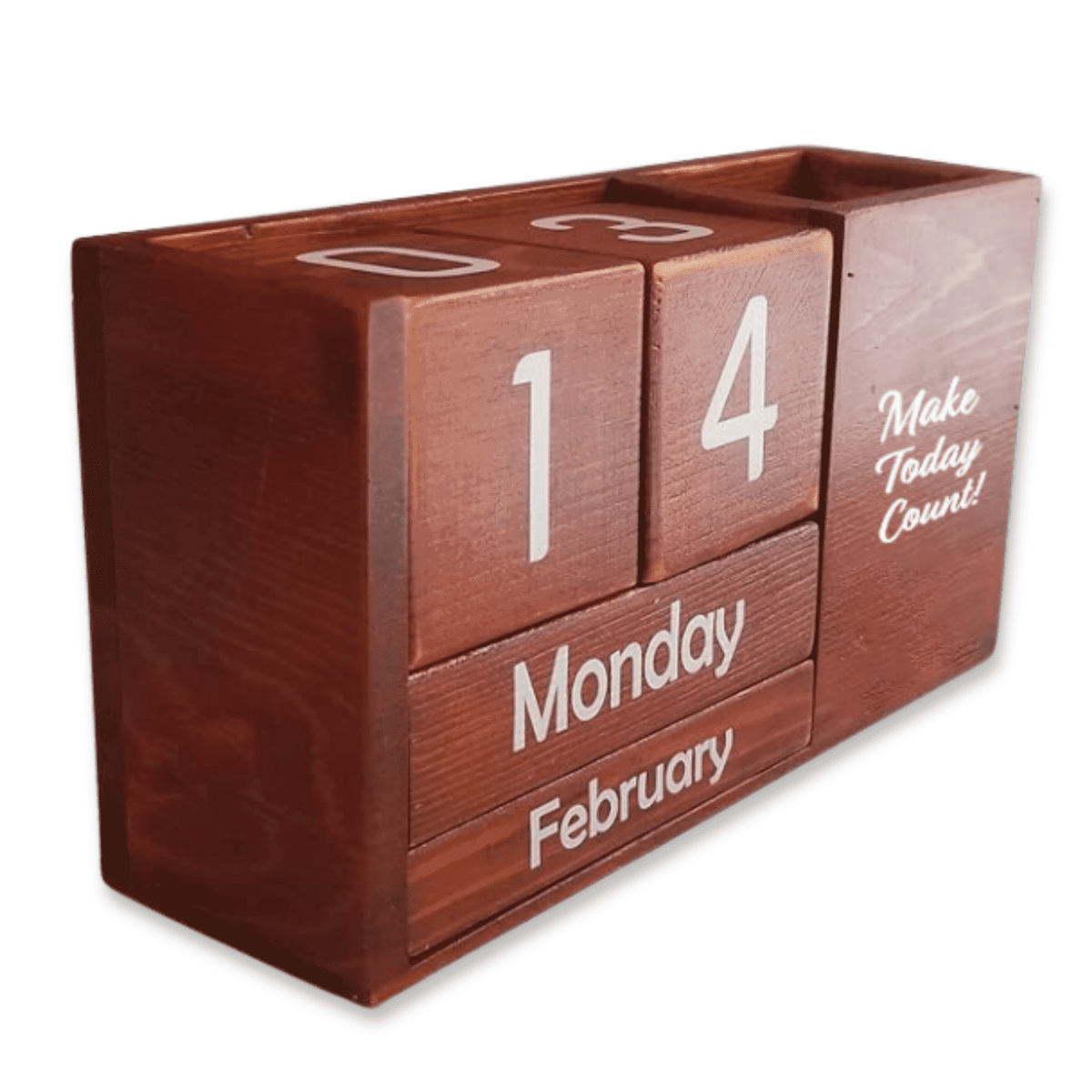 Perpetual Desk Calendar in Solid Pine, Rotating Date Blocks with Pen Slot