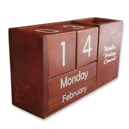 Perpetual Desk Calendar in Solid Pine, Rotating Date Blocks with Pen Slot