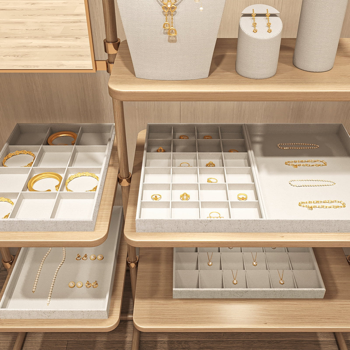 Linen Jewelry Tray with 12 Compartments, Beige Drawer Insert, 13.8 Inches Wide - Image 6