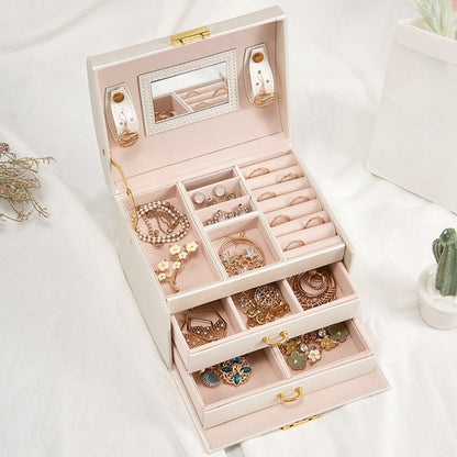 Three-Tier Jewelry Box with Lock, Faux Leather Case with Mirror and Drawers - Image 5