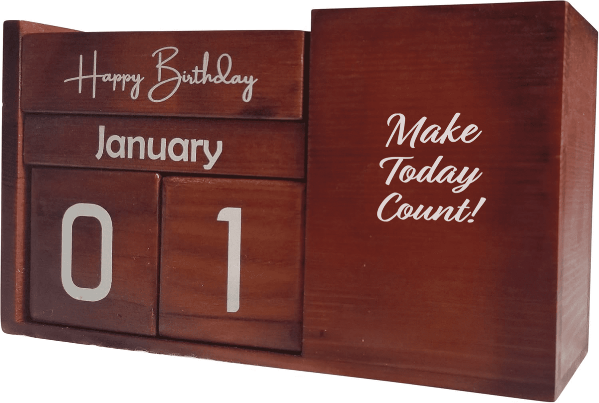 Perpetual Desk Calendar in Solid Pine, Rotating Date Blocks with Pen Slot - Image 5